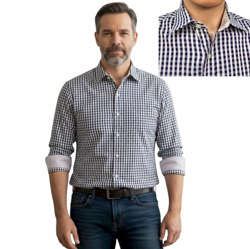 JOHNSTON & MURPHY Dress Shirt Sz M Tailored fit Contrast Flip Cuff Gingham check